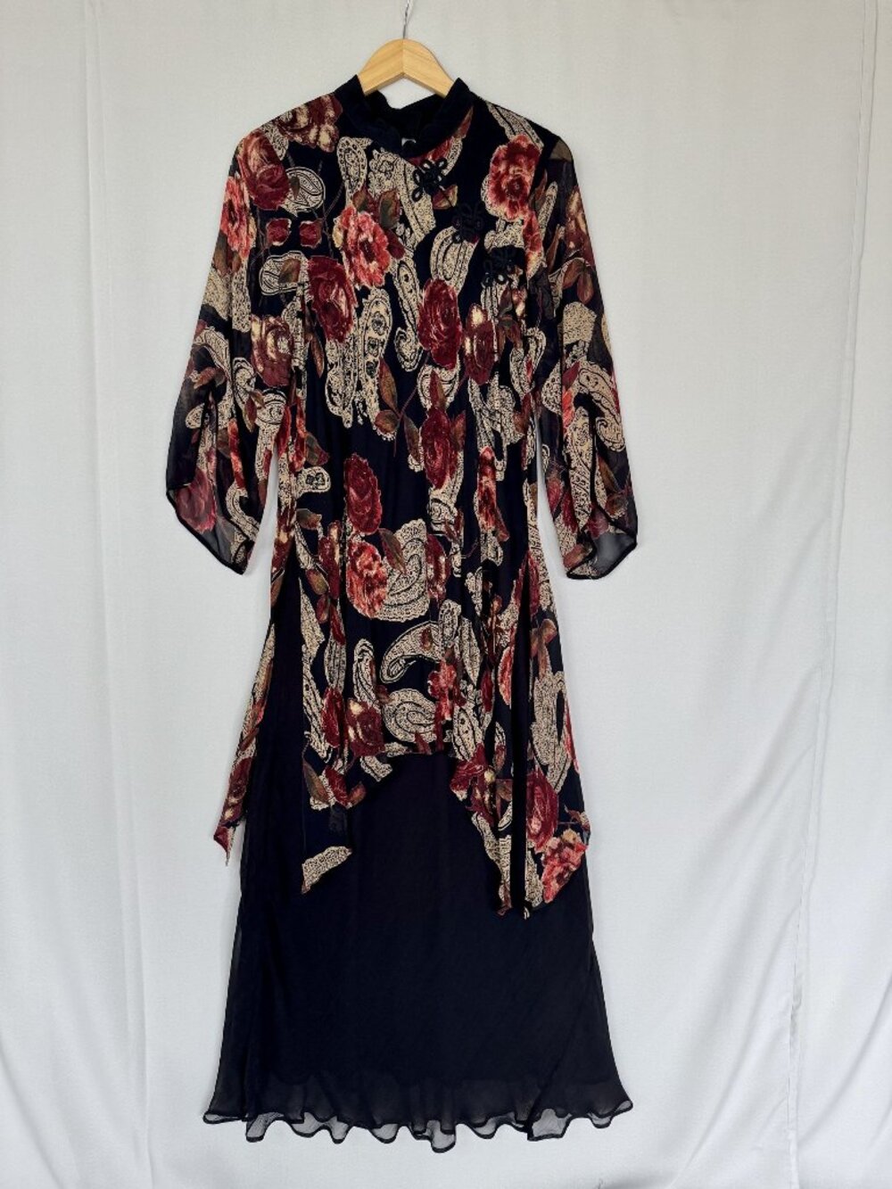 90s Vintage t Rose Black Moody Floral Beaded Sequin Evening Maxi Dress Size 1X